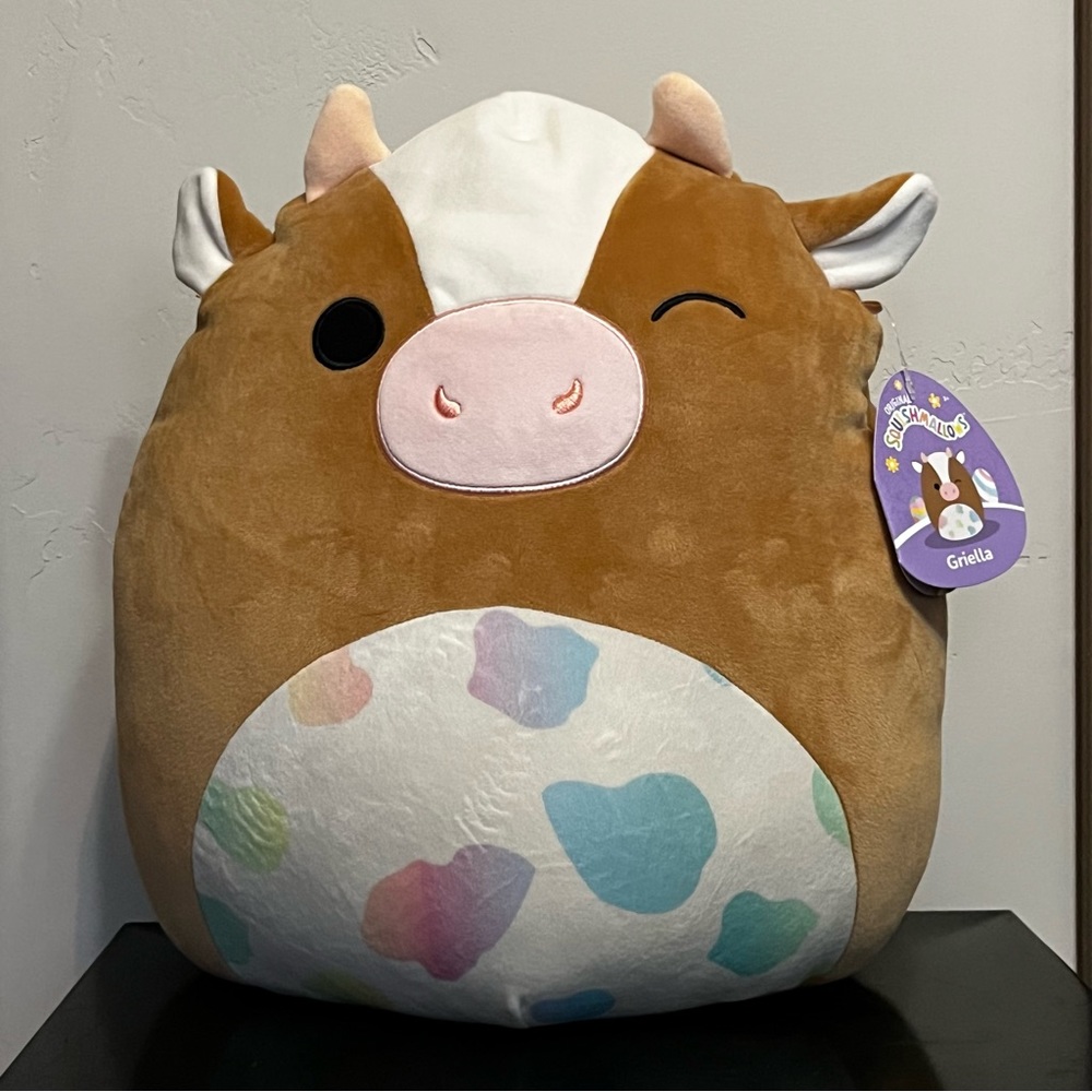 Squishmallow 14” Griella The Brown Cow Rainbow Spot Belly Pink Nose Easter NWT